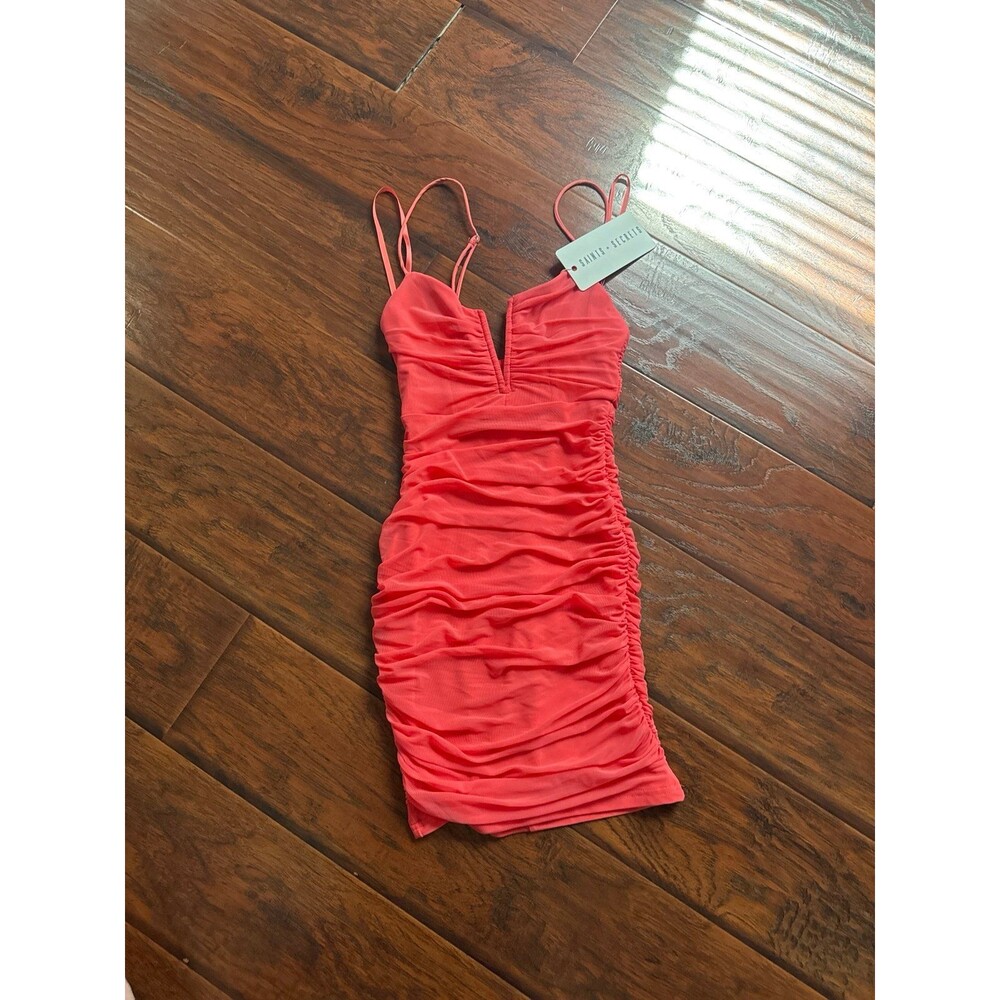 Saints + Secrets Coral Pink Ruched Bodycon Mini Dress Size Small NWT Tie Strap
